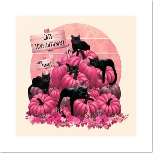 Cats and pink Pumpkin Patch autumn with sing that say cat love autumn, cat pumpkinsin and sunset, color autumn, orange,hello fall autumn lovers Posters and Art